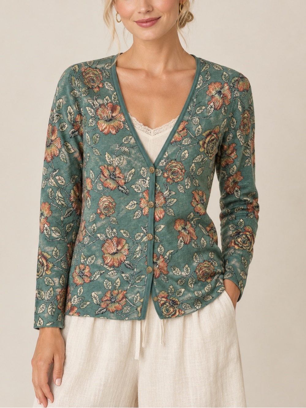Peruvian Connection 100% Pima Cotton V Neck Cardigan Size S Cottage Whimsical